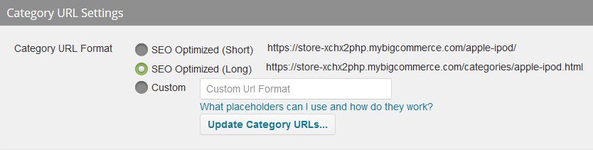 category-settings-big-commerce Screaming Frog Category U R L Settings. Category U R L format. Three options: First option: S E O optimized (short). A U R L beside it: https://store-xchc2php.mybigcommerce.com/apple-ipod/. Second option: S E O optimized (long). A U R L beside it: https://store-xchc2php.mybigcommerce.com/categories/apple-ipod.html. Third option: Custom.