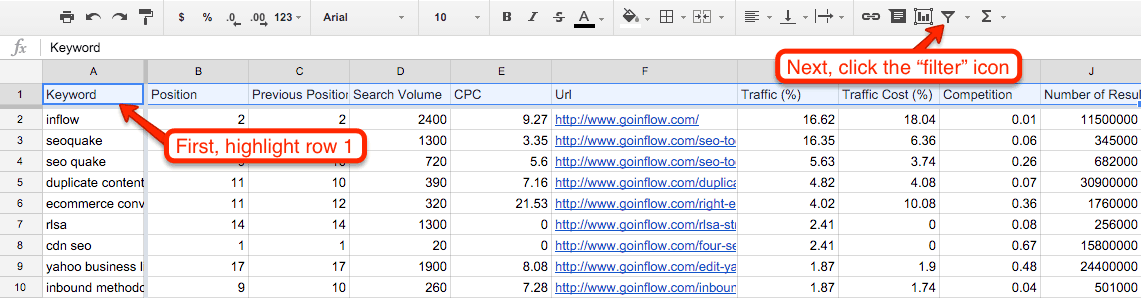 Table screenshot. An arrow pointing to row 1 states: "First, highlight row 1." An arrow pointing to the filter icon on the menu states: Next, click the filter icon. The table columns are labeled as follows: keyword, position, previous position, search volume, C P C, U R L, Traffic (%), Traffic Cost, Competition.