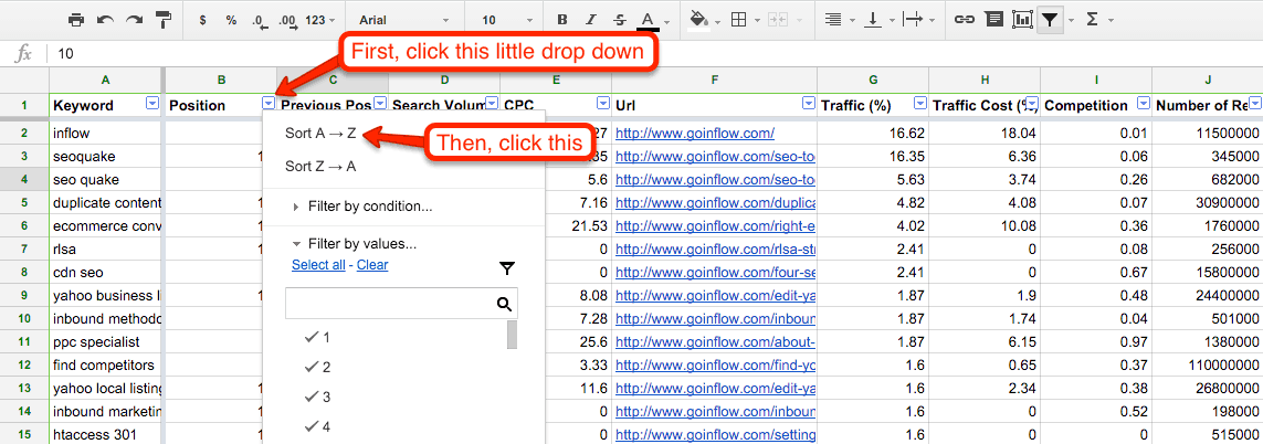 Table screenshot. An arrow pointing to the down arrow on B 1 "Position" states: "First, click this little drop down." The menu extends. An arrow pointing to Sort A to Z on the menu states: "Then, click this." The table columns are labeled as follows: keyword, position, previous pos, search volume, C P C, U R L, Traffic (%), Traffic Cost, Competition.