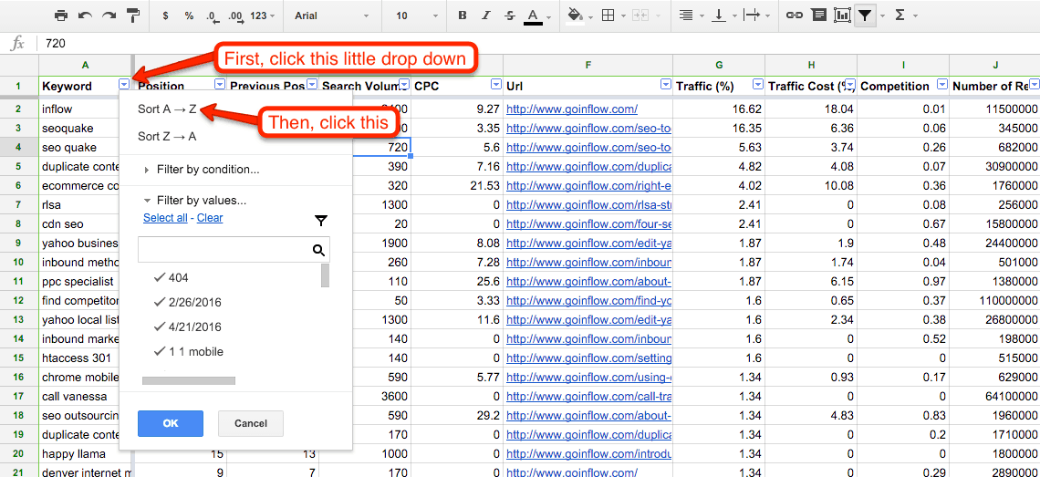 Table screenshot. An arrow pointing to the down arrow on A 1 "Keyword" states: "First, click this little drop down." The menu extends. An arrow pointing to Sort A to Z on the menu states: Then, click this. The table columns are labeled as follows: keyword, position, previous pos, search volume, C P C, U R L, Traffic (%), Traffic Cost, Competition.