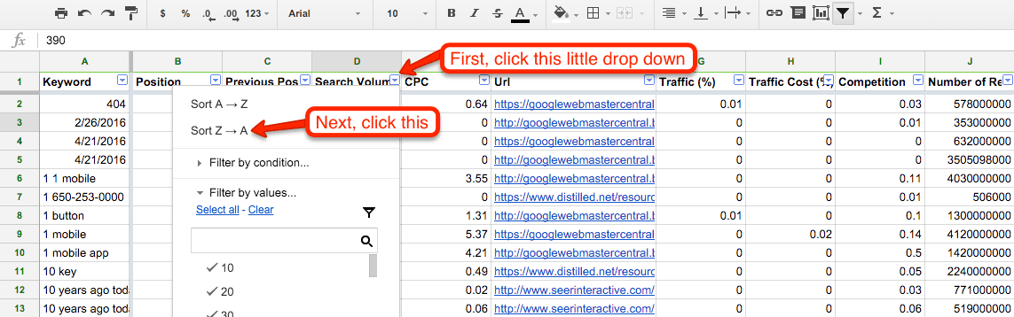 Table screenshot. An arrow pointing to the down arrow on cell D 1 "Search volume" states: "First, click this little drop down." The menu extends. An arrow pointing to Sort Z to A on the menu states: "Next, click this." The table columns are labeled as follows: keyword, position, previous pos, search volume, C P C, U R L, Traffic (%), Traffic Cost, Competition.