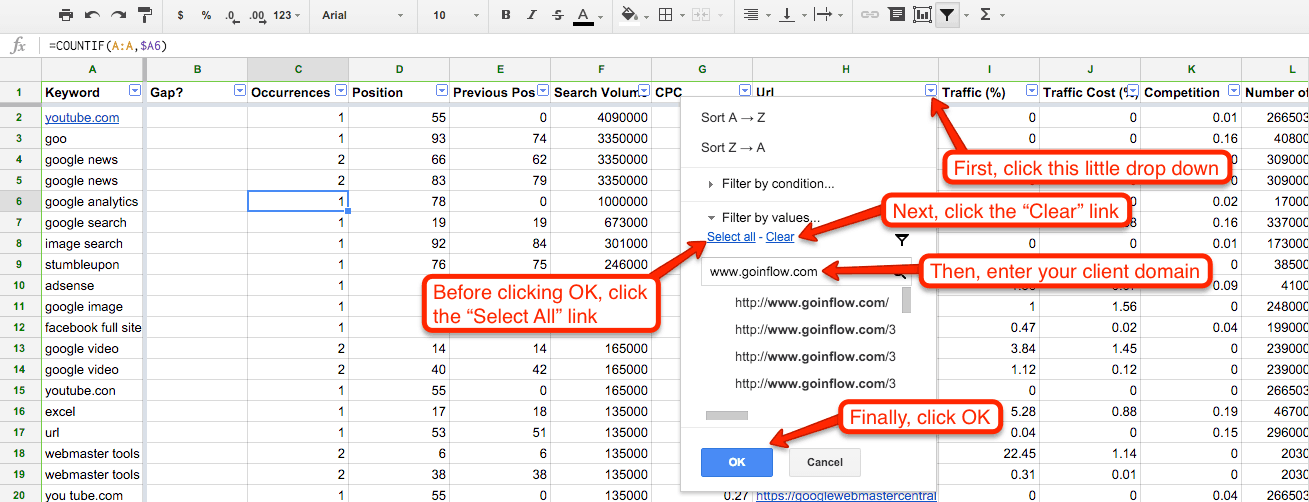 An arrow pointing to the down arrow on cell H 1: U R L states "First, click this little drop down." The menu expands. An arrow pointing to the "clear" link under "filter by values" on the menu states "Next click the clear link." An arrow pointing to the "select all" link next to the "clear" link states "Before clicking O K, click the select all link." An arrow pointing to the text "www.goinflow.com" in a search bar on the menu is labeled "Then, enter your client domain." An arrow pointing to an "O K" button at the bottom of the menu is labeled "Finally, click O K." The table columns are labeled as follows: keyword, gap?, occurrences, position, previous pos, search volume, C P C, U R L, Traffic (%), Traffic Cost, Competition.