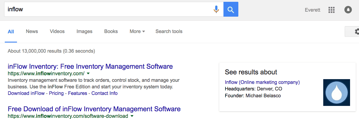 Google search for inflow. The first two search results are both for www.inflowinventory.com. The knowledge graph displays information about Inflow (online marketing company). Icon: Inflow. 