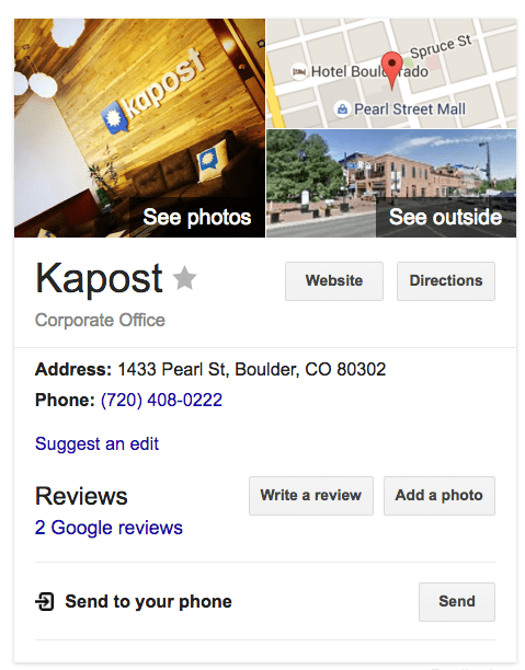 Kapost Google Business listing contains the following information: photos, map, website, address, phone, reviews.