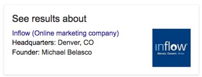 Google knowledge graph for Inflow. Text states: See Results about: Inflow (online marketing company). Headquarters: Denver, C O. Founder: Michael Belasco. 