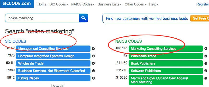 siccode SicCode.com screenshot. Searched for online marketing. Two columns of codes titled: S I C codes and N A I C S codes. Below each column is a list of codes related to online marketing.