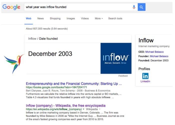 Google search result for What year was inflow founded. The Google answer box contains the text: December 2003. 