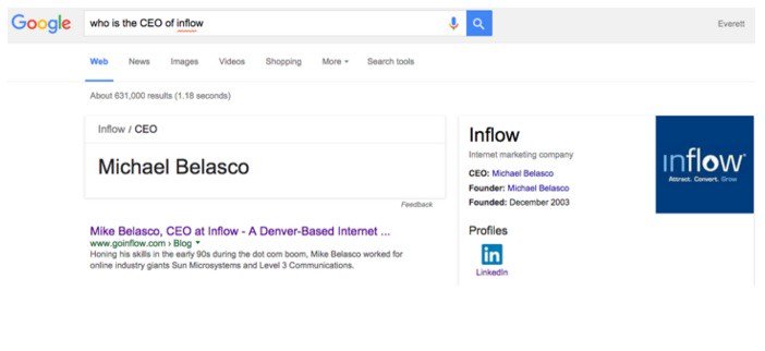 Google search result for who is the C E O of inflow. The Google answer box contains the text: Michael Belasco. 