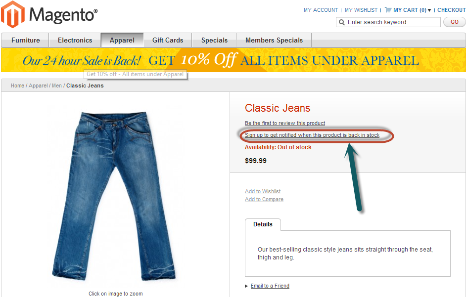 Magento example of "back-in-stock" email notifications.