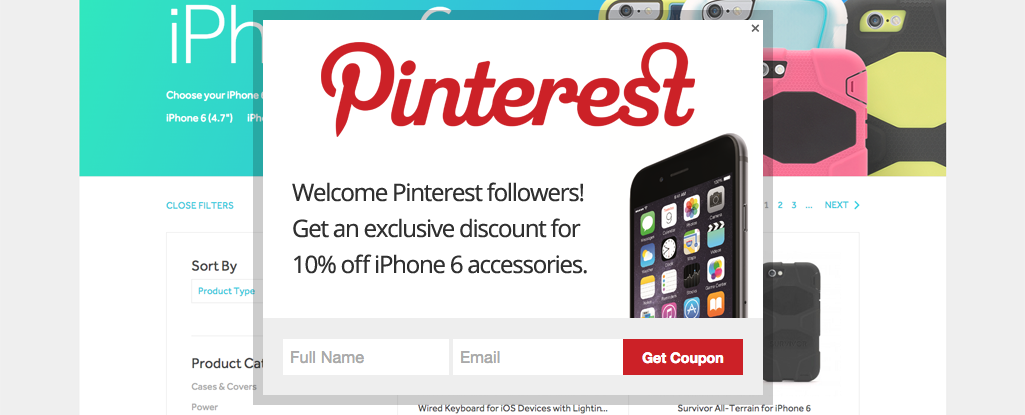 Personalized product offer for visitors from Pinterest.