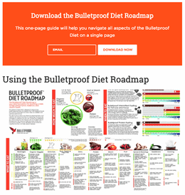 Bulletproof content offer Bulletproof webpage. A banner at the top of the page states: Download the Bulletproof Diet Roadmap. Below the banner is a blurred infographic titled Using the Bulletproof Diet Roadmap.
