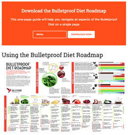 Bulletproof webpage. A banner at the top of the page states: Download the Bulletproof Diet Roadmap. Below the banner is a blurred infographic titled Using the Bulletproof Diet Roadmap. 