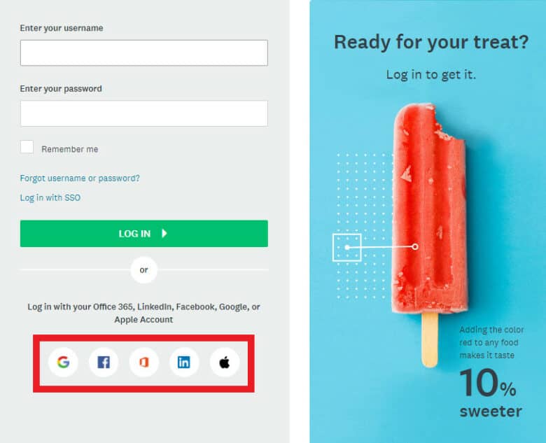 SurveyMonkey.com social login prompt. On the left are two fields labeled Enter your username and enter your password. Below the fields, text states: Log in with your Office 365, LinkedIn, Facebook, Google, or Apple Account. On the right, text states: Ready for your treat? Log in to get it. 