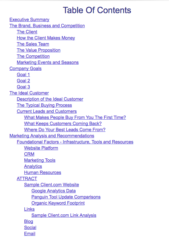 Table of Contents for Audit