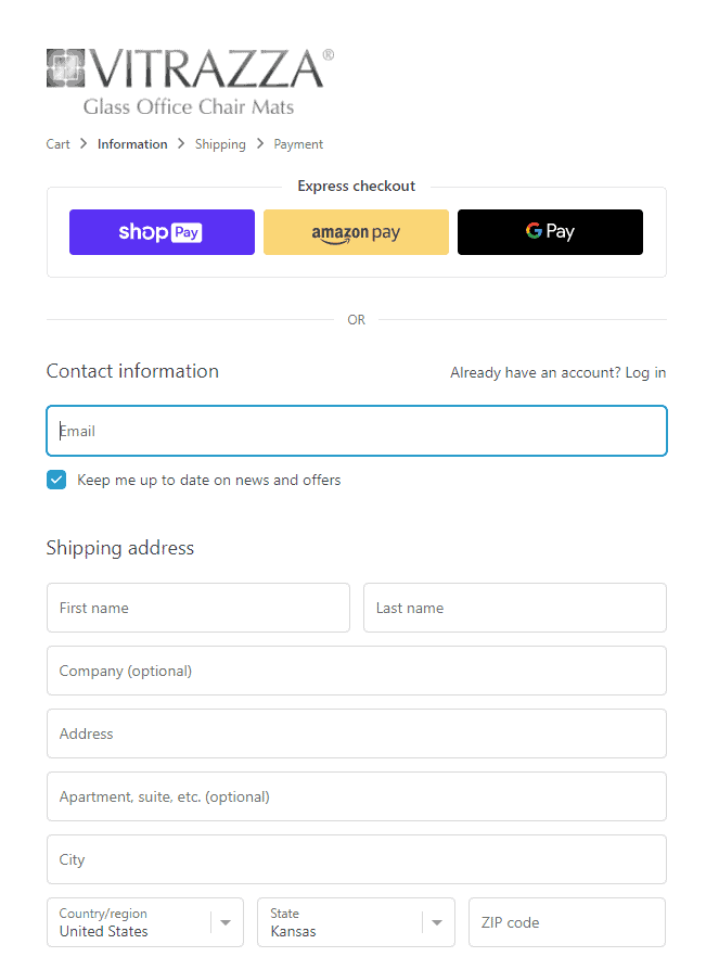 Vitrazza checkout process webpage. The top empty field is labeled Contact Information: email. 