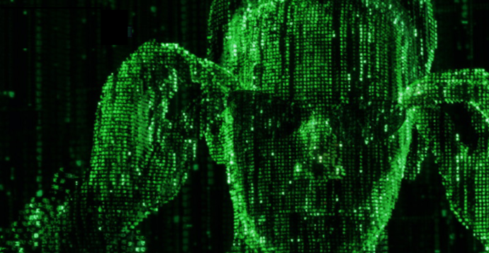 Neo from the matrix in green code on black background