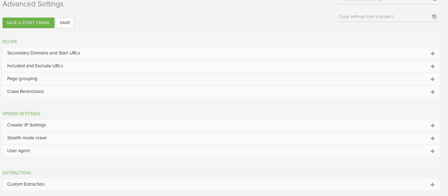 DeepCrawl advanced settings page with three categories labeled Scope, spider settings and extraction. 