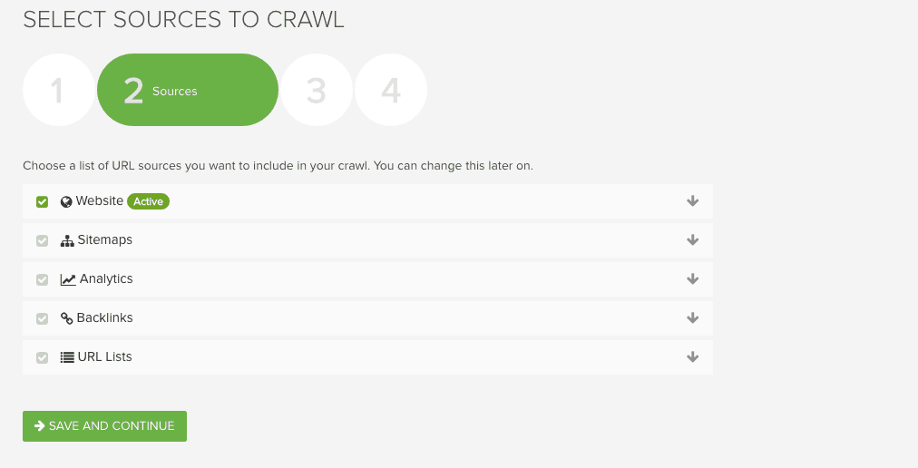 DeepCrawl select sources to crawl page with five sources as follows: Website, sitemaps, analytics, backlinks, U R L lists. 