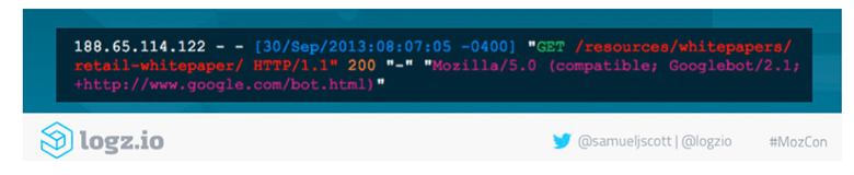 A server log entry as follows: 188.65.114.122 - - [30/sep/2013:08:07:05 -0400] "Get /resources/whitepapers/retail-whitepaper/ H T T P/1.1" 200 "-" "Mozilla/5.0 (compatible; Googlebot/2.1; +http://www.google.com/bot.html)"