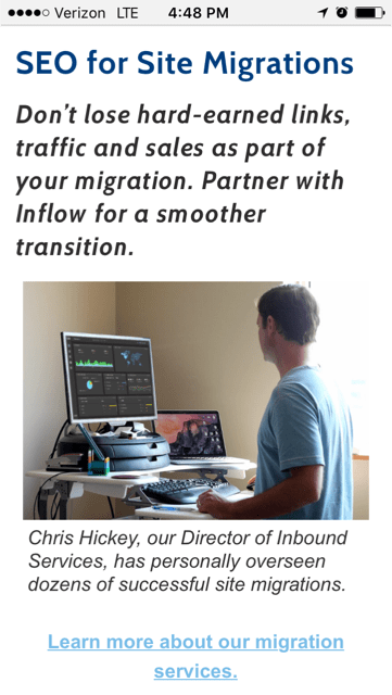 Inflow mobile site. Text states: S E O for Site migrations. Don't lose hard-earned links, traffic and sales as part of your migration. Partner with Inflow for a smoother transition. Below a photograph captioned: Chris Hickey, our Director of Inbound Services, has personally overseen dozens of successful site migrations. Learn more about our migration services. 