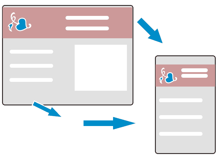 Arrows point from an illustration of a webpage displayed on a laptop to a webpage displayed on a mobile.  