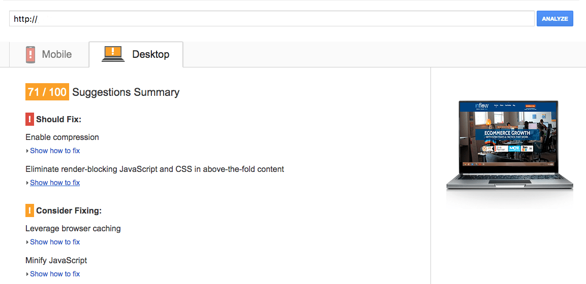 Google Pagespeed screenshot. Text states: 71 / 100 Suggestions summary. Should fix: Enable compression, eliminate render-blocking JavaScript and C S S in above-the-fold content. Consider Fixing: Leverage browser caching, Minify JavaScript. 