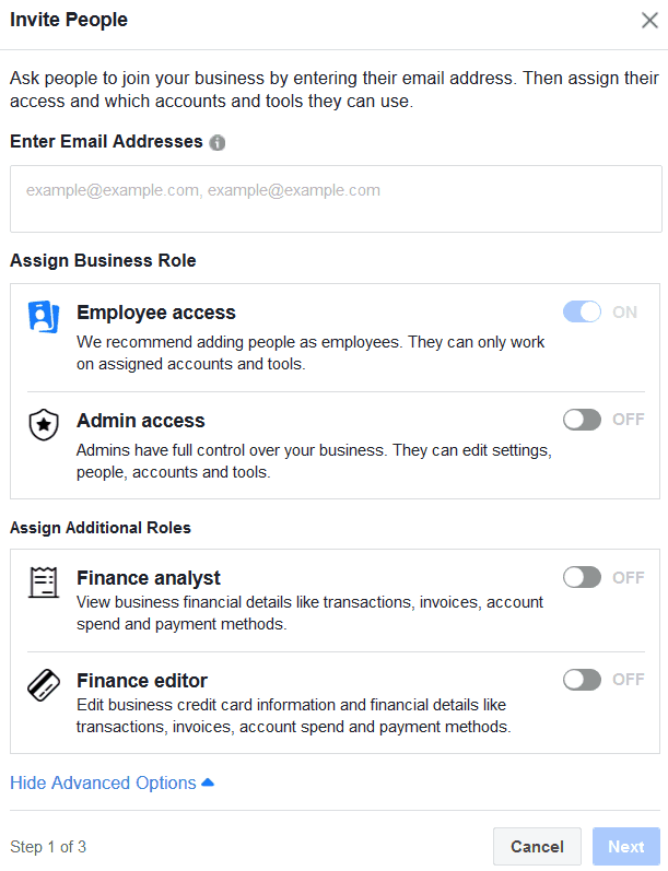 Facebook Business Manager Invite People screenshot. Near the top is a textbox labeled Enter Email addresses. Beneath is a section titled Assign Business Role. Employee access option button is toggled on. Admin Access option button is toggled off. Beneath is a section titled Assign Additional Roles: Finance analyst, finance editor. 