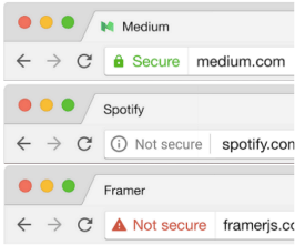 Three U R L bars in a vertical column. The top U R L for medium.com starts with a green lock and the text: Secure. The middle U R L for spotify.com Starts with an information icon and text: Not secure. The bottom U R L for framerjs starts with a red triangle containing an exclamation point and text: Not secure. 