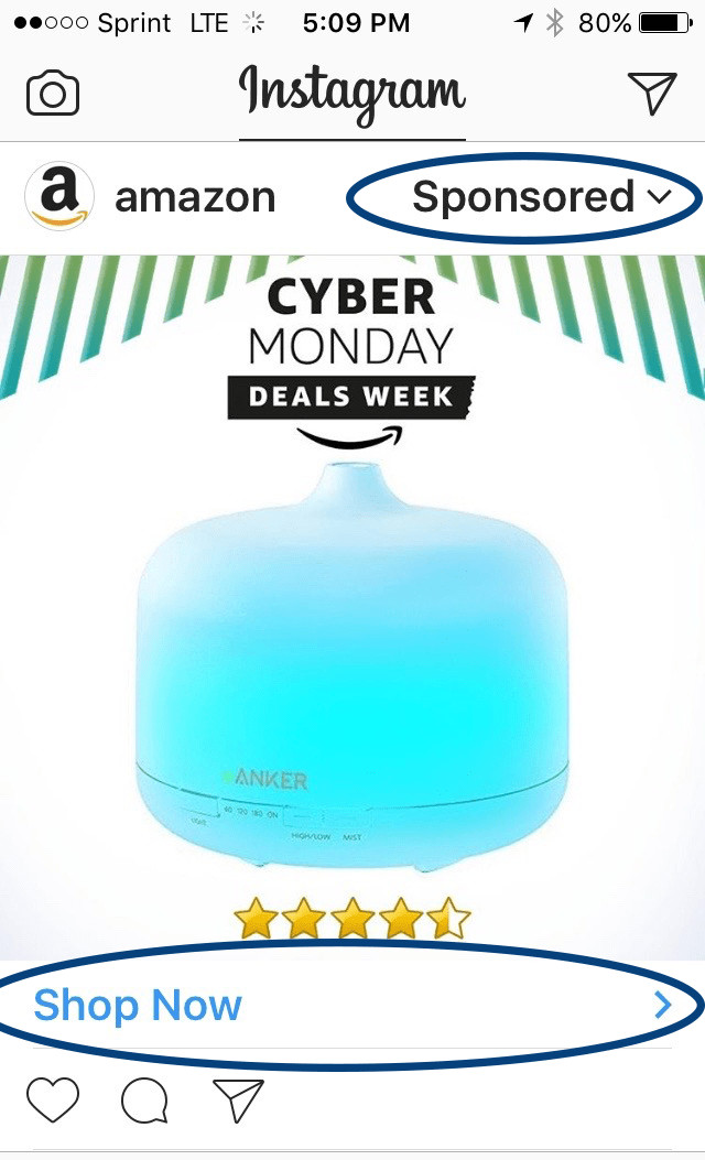 Amazon Instagram Ad. At the top right text states sponsored. At the bottom of the ad is a Shop Now link. 