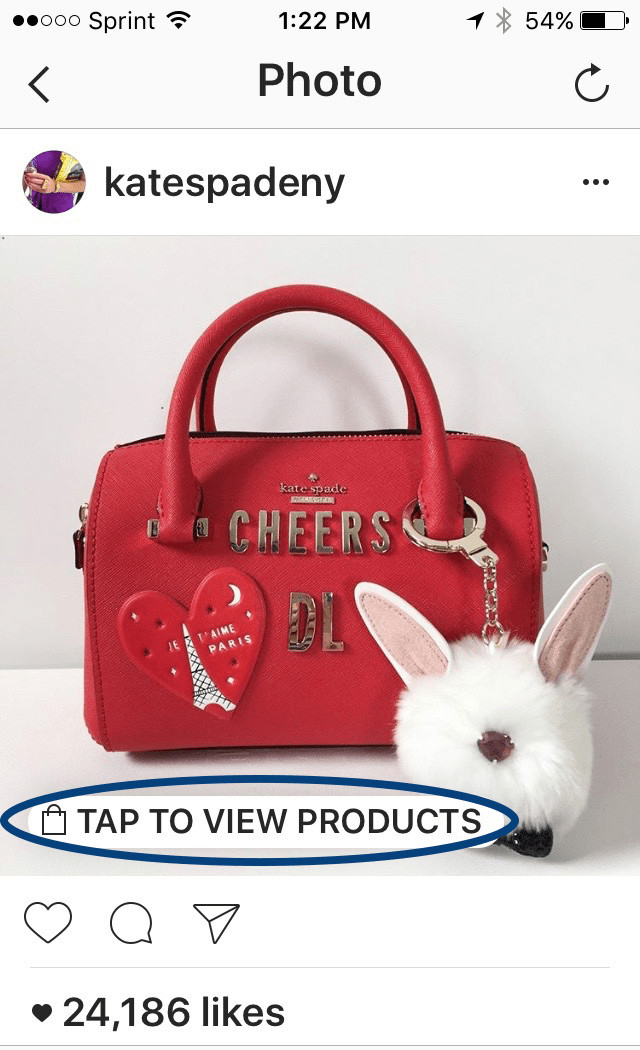 Kate Spade Instagram post photograph of three products. In the bottom left corner of the photograph text states: Tap to view products. 