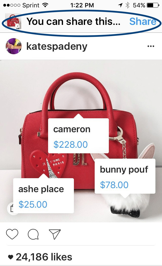 Kate spade Instagram post featuring three tagged products with prices. At the top a bar with the text: You can share this? Share. 