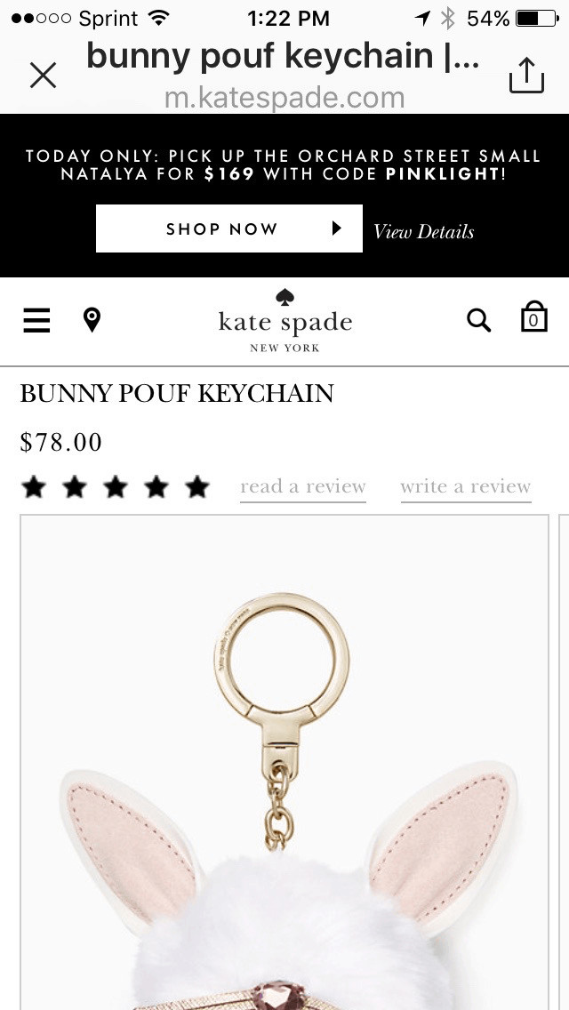 Kate Spade mobile website product detail for Bunny Pouf Keychain. 