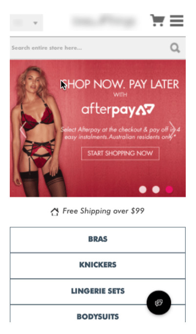 Mobile homepage. The top bar contains a cart and hamburger menu on the right. Below a banner with the text Shop Now. Pay Later. Below the banner are four category options: Bras, knickers, lingerie sets, bodysuits. 