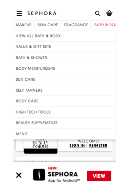 Sephora mobile menu. The menu extends to the right of the display. One menu tab is selected and extended downward. 