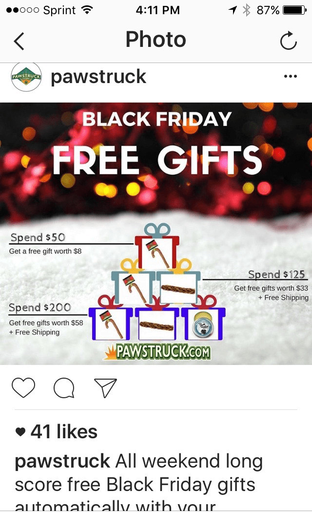 Pawstruck Instagram post. A blurred photograph of snow and holiday lights. Text over the photograph states: Black Friday. Free Gifts. An illustration over the photograph of a stack of presents with three tiers. Each tier is labeled with a discount for amount spent. 