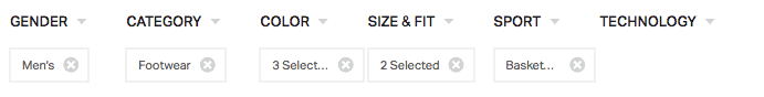 6 filter categories in a row: gender, category, color, size & fit, sport, technology. Beneath each filter is a tag with the filter or number of filters selected. Gender: Men's. Color: 3 selected. 