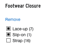 Footwear closure options. Three options are provided: Lace-up, Slip-on, Strap. A number in parenthesis follows each option. 