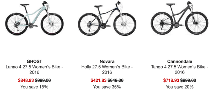 R E I product gallery of three bikes. The regular price for each bike is crossed out and the sale price is beside it in red text. 