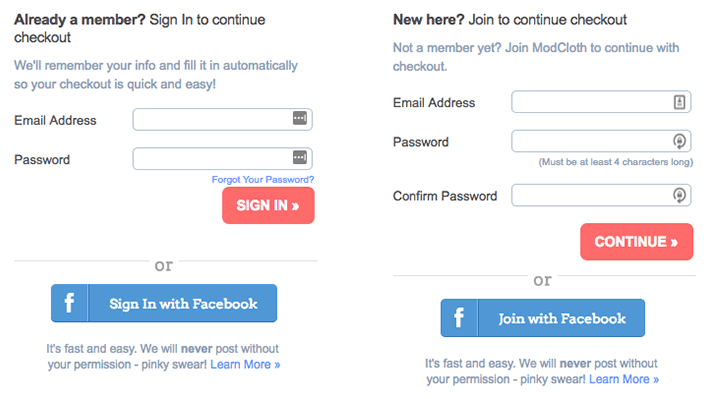 Two Modcloth sign in pages. First page titled Already a member? Sign in to continue checkout. Followed by two options: Sign in with email address and password or Sign in with Facebook. Second page titled New here? Join to continue checkout. Followed by two options: Sign in with email address and password or Sign in with Facebook.