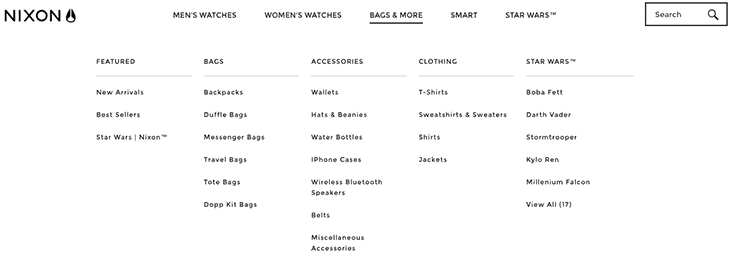 Nixon menu. The top menu has five categories. Bags & more is selected and extended. The Bags & more menu has five categories, each with at least 3 more sub-categories displayed. 