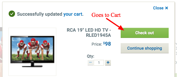 A modal with the text successfully updated your cart. Two buttons on the right side: Check out and continue shopping. The check out button is labeled Goes to cart. 