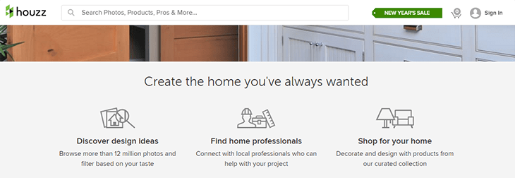 Houzz homepage. The screen is displayed partly down the homepage. A narrow bar at the top of the screen features the Houzz logo, a search bar, a button labeled New Year's sale, the shopping cart, and a sign in. 