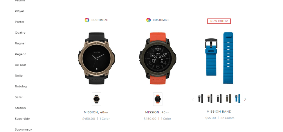 Nixon product gallery. A watch band product is labeled with red text "New Color." 