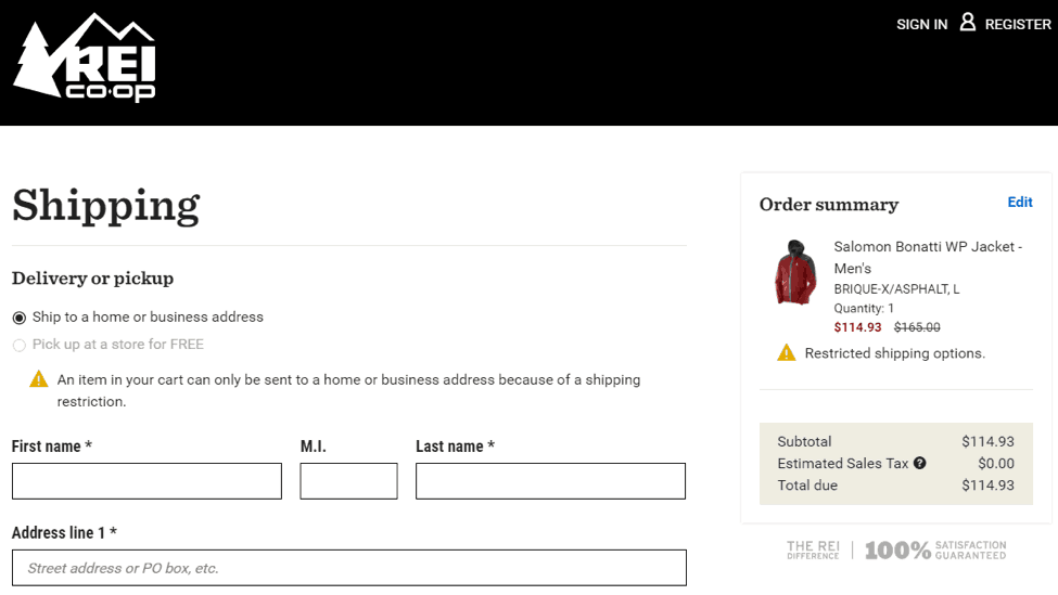 R E I desktop Shipping screenshot. On the left are the shipping textbox fields. On the right, the order summary with the product name, color, size, price, subtotal, estimated sales tax and total due. 