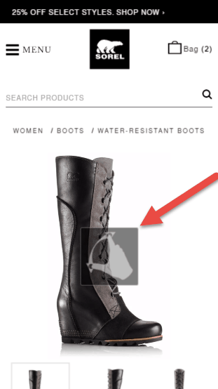 Sorel mobile product detail screenshot. An illustration over the product image, displays a pinch to zoom icon. 