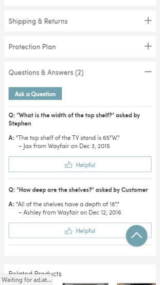 Wayfair mobile Questions & Answers section of a product detail features two questions with both questions being answered by Wayfair. 