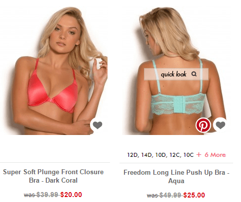 Bras N Things product gallery with two products. A button labeled Quick Look hovers over the photograph of the product on the right. 