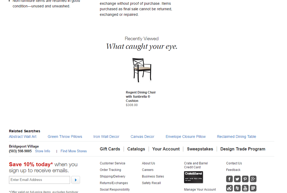 Near the bottom of a Crate and Barrel desktop page text states: "Recently viewed. What caught your eye" followed by a product. 