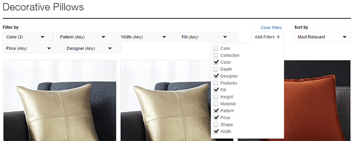 Crate and Barrel product gallery. Above the gallery are six categories of filters. The Add filters button is extended and the following filters are checked: Color, Designer, Fill, Pattern, Price, Width. 