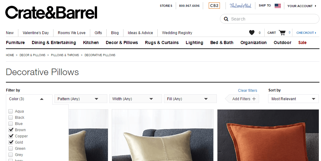 Crate and Barrel product gallery. Above the gallery are four categories of filters: Color, pattern, Width, and fill. The Color filter is extended and the following filters are checked: Brown, Copper, gold. 
